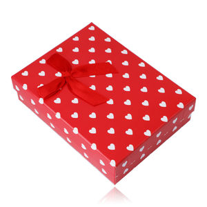 Czerwone pudełko prezentowe na zestaw lub naszyjnik - białe serduszka, ozdobna kokardka
