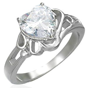 Damski lśniący stalowy pierścionek, duże bezbarwne cyrkoniowe serce - Rozmiar : 56