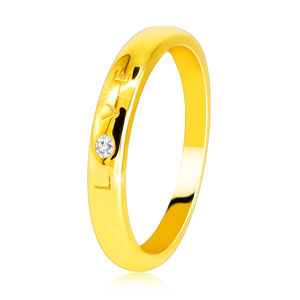 Diamentowa obrączka z żółtego 585 złota - napis "LOVE" z brylantem, gładka powierzchnia, 1,6 mm - Rozmiar : 52