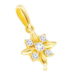 Diamentowa zawieszka z żółtego 14K złota - kwiat z podłużnymi płatkami i brylantami