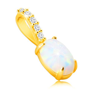 Diamentowa zawieszka z żółtego 14K złota - owalny syntetyczny opal, tęczowe refleksy, brylanty