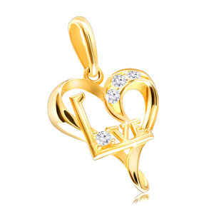 Diamentowa zawieszka z żółtego 14K złota - serce z napisem "LOVE", bezbarwne brylanty