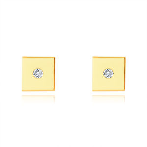 Diamentowe kolczyki z żółtego 14K złota - gładki błyszczący kwadrat, mały brylant