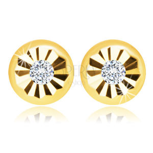 Diamentowe kolczyki z żółtego 14K złota - okrągłe kwiaty, bezbarwny diament, sztyfty