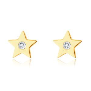 Diamentowe kolczyki z żółtego 14K złota - pięcioramienna gwiazda z brylantem