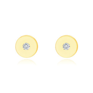 Diamentowe kolczyki z żółtego 14K złota - płaski krążek z bezbarwnym brylantem
