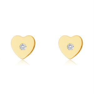 Diamentowe kolczyki z żółtego 14K złota - serce z małym brylantem