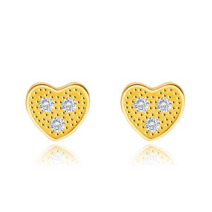 Diamentowe kolczyki z żółtego 14K złota - serce z trzema brylantami bezbarwnego koloru