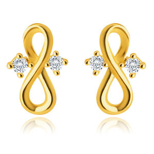 Diamentowe kolczyki z żółtego 14K złota - symbol nieskończoności, bezbarwne brylanty