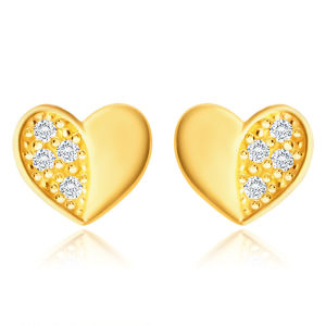 Diamentowe kolczyki z żółtego złota 585 - serce z błyszczącą i brylantową połówką