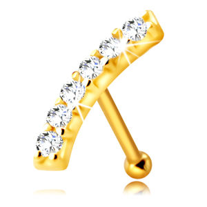 Diamentowy piercing do nosa z żółtego 14K złota, prosty - zaokrąglony pasek z bezbarwnymi brylantami