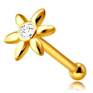 Diamentowy piercing do nosa z żółtego złota 585, prosty - kwiatek z bezbarwnym diamentem