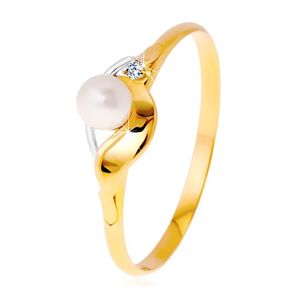 Diamentowy pierścionek z 14K złota, dwukolorowe fale, bezbarwny brylant i biała perła - Rozmiar : 59
