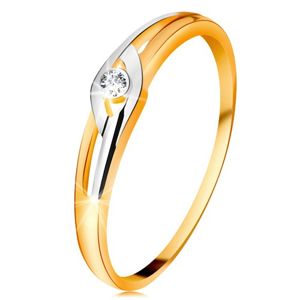 Diamentowy pierścionek z 14K złota, dwukolorowe ramiona z wycięciami, przezroczysty brylant - Rozmiar : 55