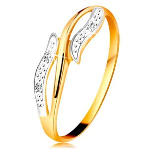 Diamentowy pierścionek z 14K złota, faliste dwukolorowe ramiona, trzy bezbarwne diamenty - Rozmiar : 64