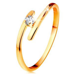 Diamentowy pierścionek z żółtego 14K złota - błyszczący bezbarwny brylant, cienkie przedłużone ramiona - Rozmiar : 57
