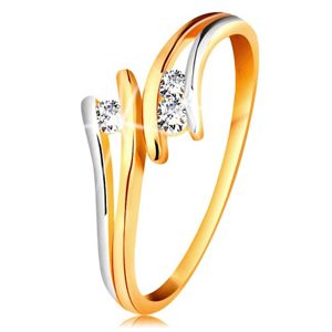 Diamentowy złoty pierścionek 585, trzy błyszczące przezroczyste brylanty, rozdzielone dwukolorowe ramiona  - Rozmiar : 58