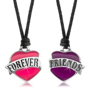 Dwa naszyjniki sznurkowe, różowe i fioletowe serduszko, napis FOREVER FRIENDS
