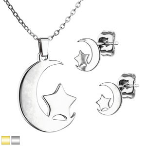 Dwuczęściowy komplet ze stali chirurgicznej - kolczyki i naszyjnik w kształcie półksiężyca z gwiazdą - Kolor: Srebrny