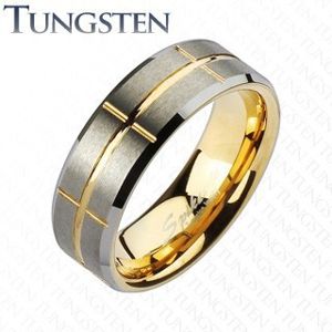 Dwukolorowa obrączka Tungsten, złoty i srebrny odcień, nacięcia, 8 mm - Rozmiar : 61