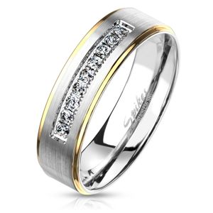 Dwukolorowy pierścień ze stali, srebrny i złoty odcień, przezroczyste cyrkonie, 6 mm - Rozmiar : 65