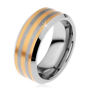 Dwukolorowy pierścionek tungsten z trzema paseczkami złotego koloru, lśniąco-matowy, 8 mm - Rozmiar : 54