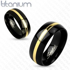 Dwukolorowy pierścionek z tytanu, czarna zaokrąglona powierzchnia, pas złotego koloru, 6 mm - Rozmiar : 49