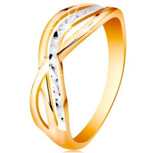 Dwukolorowy pierścionek ze złota 585 - faliste i rozgałezione linie ramion, nacięcia - Rozmiar : 60