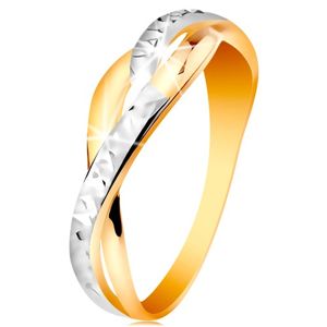 Dwukolorowy pierścionek ze złota 585 - rozdzielone i faliste linie ramion, błyszczące nacięcia - Rozmiar : 52