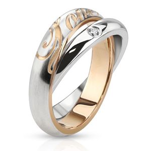 Dwukolorowy stalowy pierścionek - srebrne obrączki, cyrkonia, napis Love - Rozmiar : 48