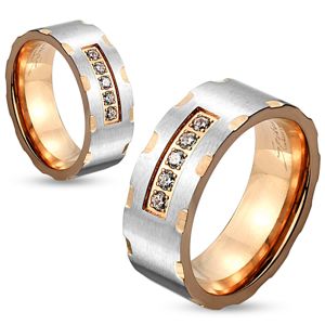 Dwukolorowy stalowy pierścionek, srebrny i miedziany odcień, nacięcia, bezbarwne cyrkonie, 6 mm - Rozmiar : 52