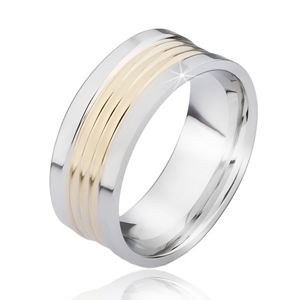 Dwukolorowy stalowy pierścionek z zaoblonymi złotymi pasami - Rozmiar : 65