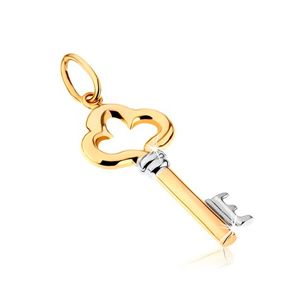 Dwukolorowy wisiorek ze złota 9K - lśniący ozdobnie wycinany klucz