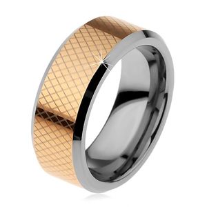 Dwukolorowy wolframowy pierścionek, drobne romby, ścięte krawędzie, 8 mm - Rozmiar : 57