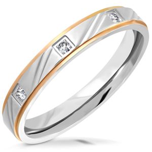 Dwukolory stalowy pierścionek - matowy pasek z nacięciami, fazowane krawędzie, cyrkonie, 3,5 mm - Rozmiar : 52