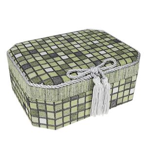 Dwupoziomowa szkatułka, zielone kwadraciki i szara lśniąca kokardka