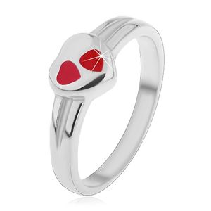 Dziecięcy pierścionek ze stali chirurgicznej, srebrny kolor, serce z czerwoną emalią - Rozmiar : 50