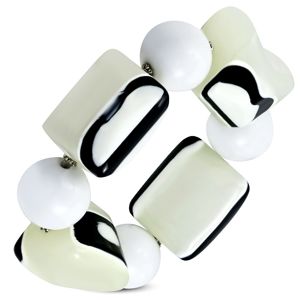 Elastyczna bransoletka - białe kuleczki, koraliki z melcznego szkła, czarno - białe oczka