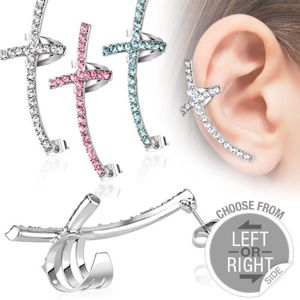 Fake piercing do ucha ze stali - kolorowy wygięty krzyż z cyrkoniami - Kształt piercingu: Lewy, Kolor cyrkoni: Przeźroczysty - C
