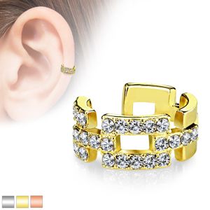 Fałszywy piercing do ucha - połączone kontury prostokątów zdobione cyrkoniami - Kolor kolczyka: Złoty