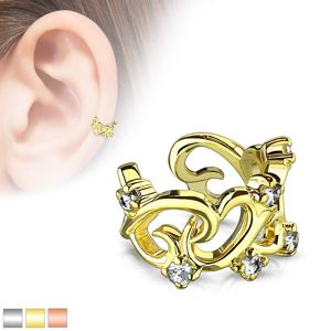 Fałszywy piercing do ucha - splecione kontury serc z cyrkoniami - Kolor kolczyka: Złoty