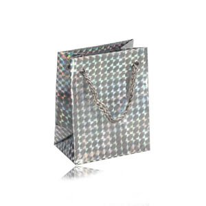 Holograficzna papierowa torebka prezentowa - kolor srebrny, gładka błyszcząca powierzchnia