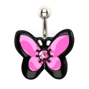 Kolczyk do brzucha ze stali, różowo-czarny motyl z cyrkonią