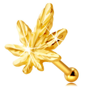 Kolczyk do nosa z żółtego 14K złota - kontur liścia marihuany, drobne żyłki