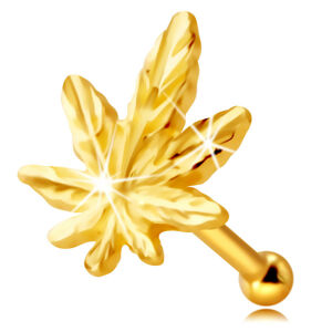 Kolczyk do nosa z żółtego 9K złota - kontur liścia marihuany, drobne żyłki