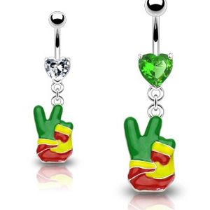Kolczyk do pępka - rasta ręka, symbol "VICTORY", cyrkonia serce - Kolor cyrkoni: Zielony - G