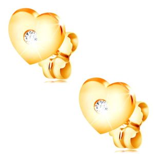 Kolczyk z żółtego złota 585 - małe symetryczne serce z bezbarwnym brylantem