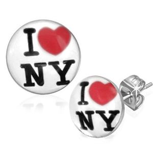Kolczyki sztyfty ze stali chirurgicznej - białe kółka, I love NY