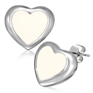 Kolczyki wkręty ze stali - białe serce o srebrnych krawędziach