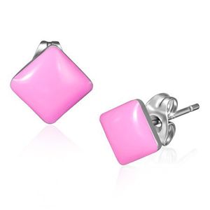 Kolczyki wkręty ze stali - lśniące kwadraty w różowym kolorze